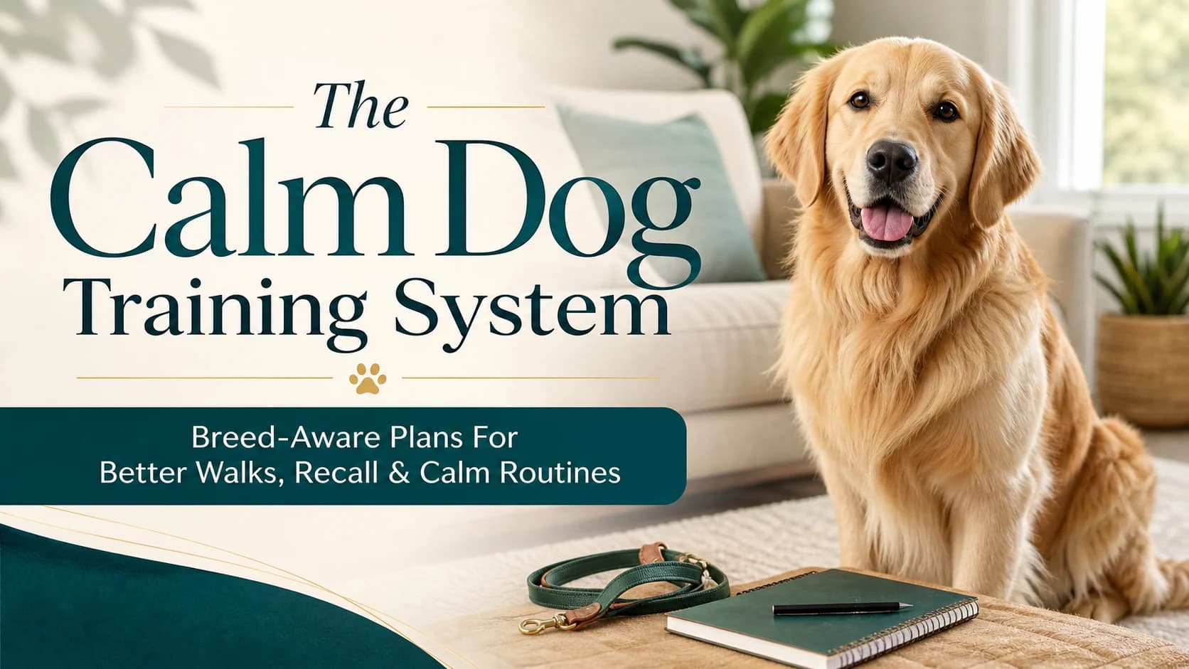 The Calm Dog Training System cover with a calm golden dog